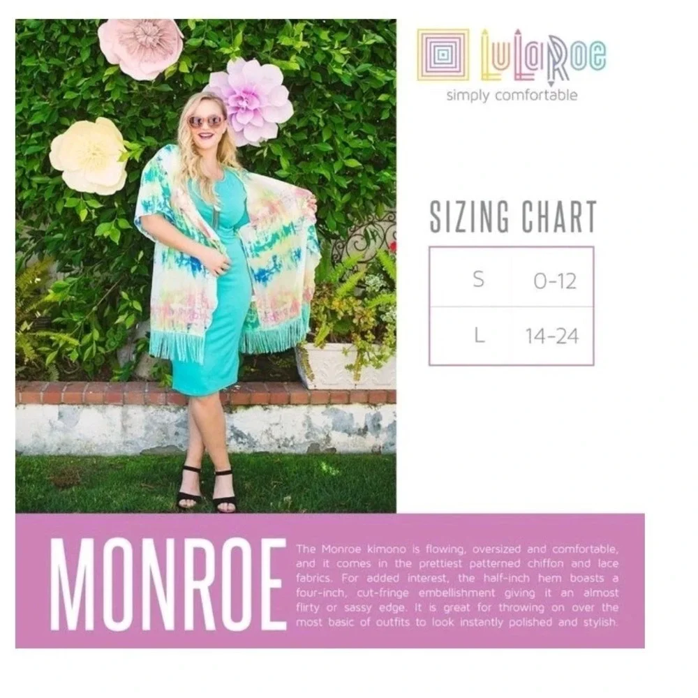 LuLaRoe Monroe Kimono Small Multicolor Geometric Chevron Fringe Chiffon Wrap NWT